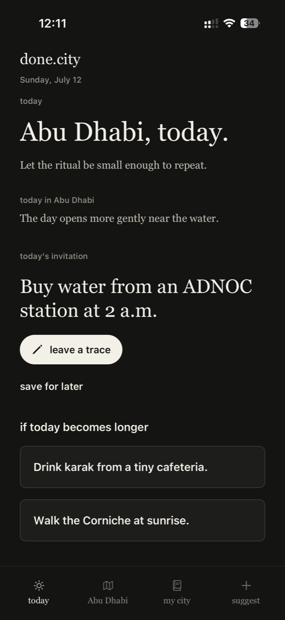 The done.city Today view showing an invitation to buy water from an ADNOC station at 2 a.m.